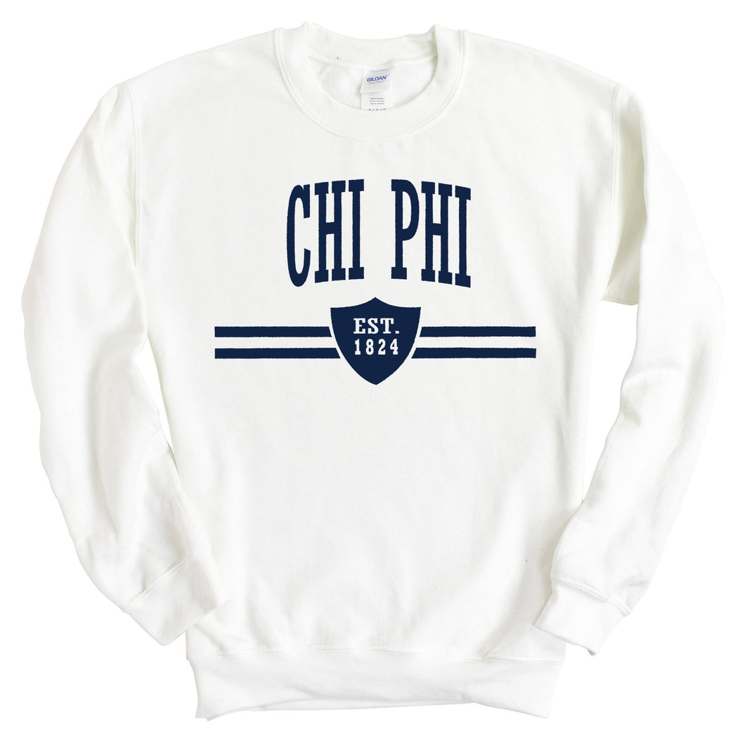 Chi Phi Sweatshirt - Chi Phi Striped Shield Crewneck Sweatshirt - Kite and Crest