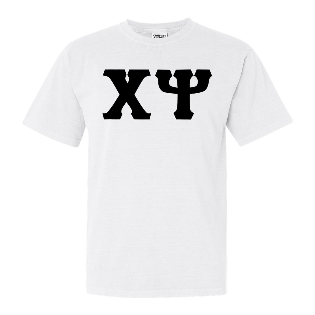 Chi Psi Basic Black Letters Comfort Colors T-Shirt - Fraternity Tee - Kite and Crest