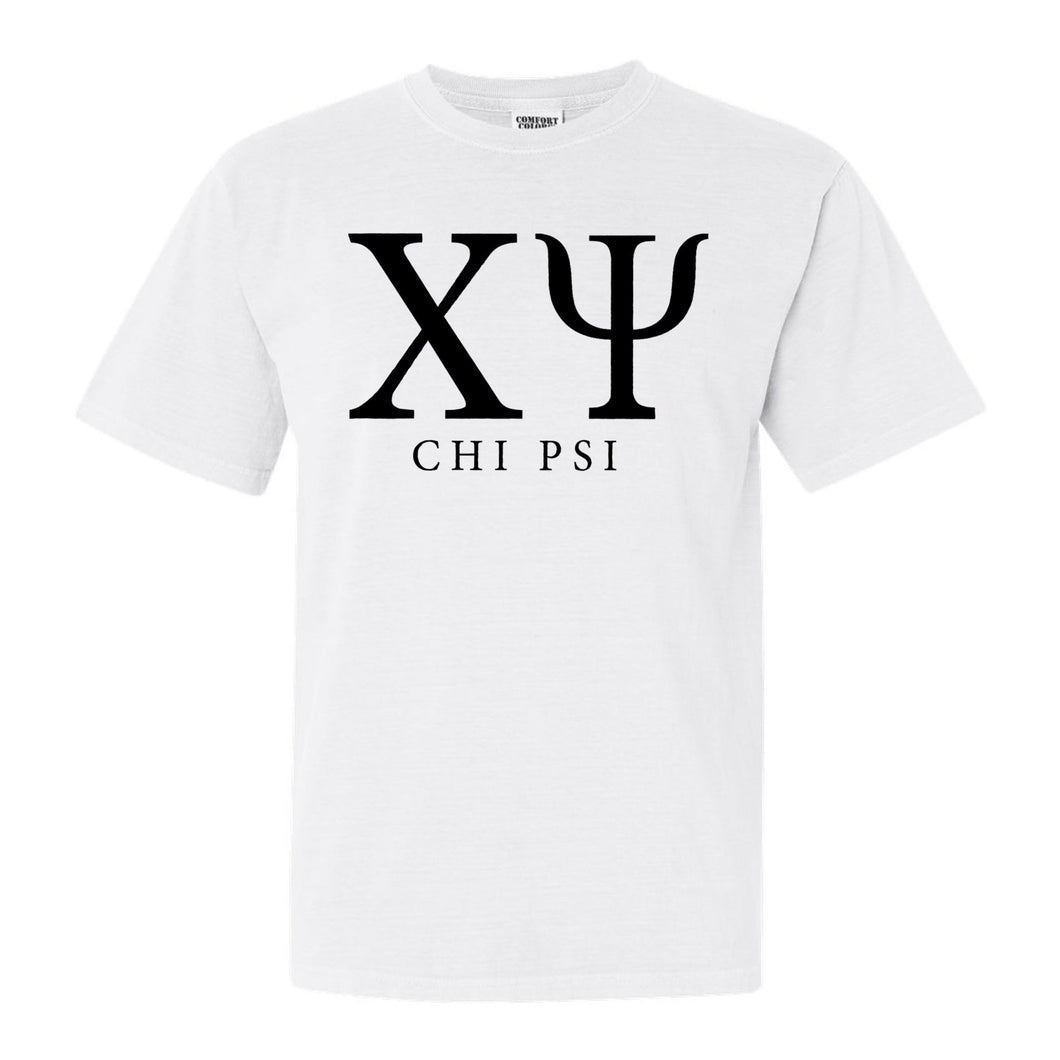 Chi Psi Block Letter Comfort Colors T-Shirt - Fraternity Tee - Kite and Crest