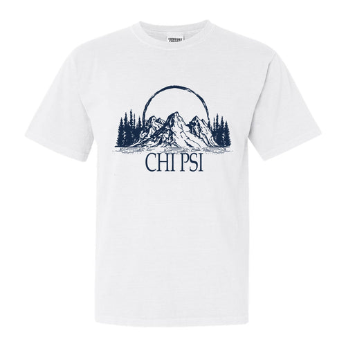 Chi Psi Epic Mountains Comfort Colors T-Shirt - Fraternity Tee - Kite and Crest