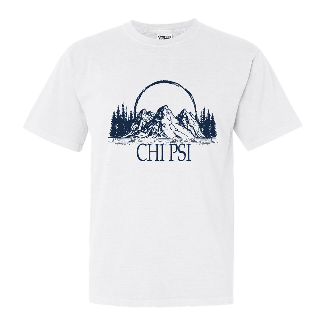 Chi Psi Epic Mountains Comfort Colors T-Shirt - Fraternity Tee - Kite and Crest