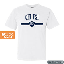 Load image into Gallery viewer, Chi Psi Striped Shield Comfort Colors T-Shirt - Fraternity Tee - Kite and Crest
