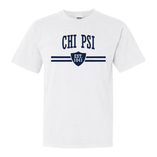 Load image into Gallery viewer, Chi Psi Striped Shield Comfort Colors T-Shirt - Fraternity Tee - Kite and Crest
