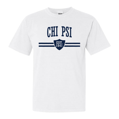 Chi Psi Striped Shield Comfort Colors T-Shirt - Fraternity Tee - Kite and Crest