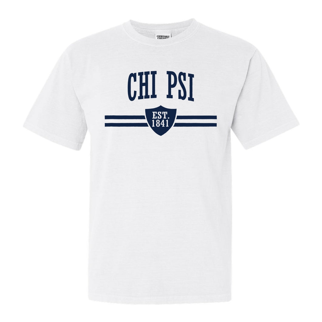Chi Psi Striped Shield Comfort Colors T-Shirt - Fraternity Tee - Kite and Crest