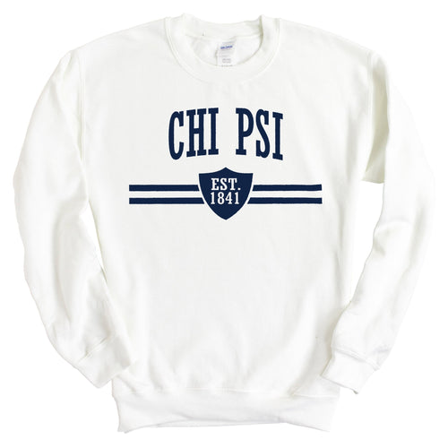 Chi Psi Striped Shield Sweatshirt - Fraternity Crewneck Sweatshirt - Kite and Crest