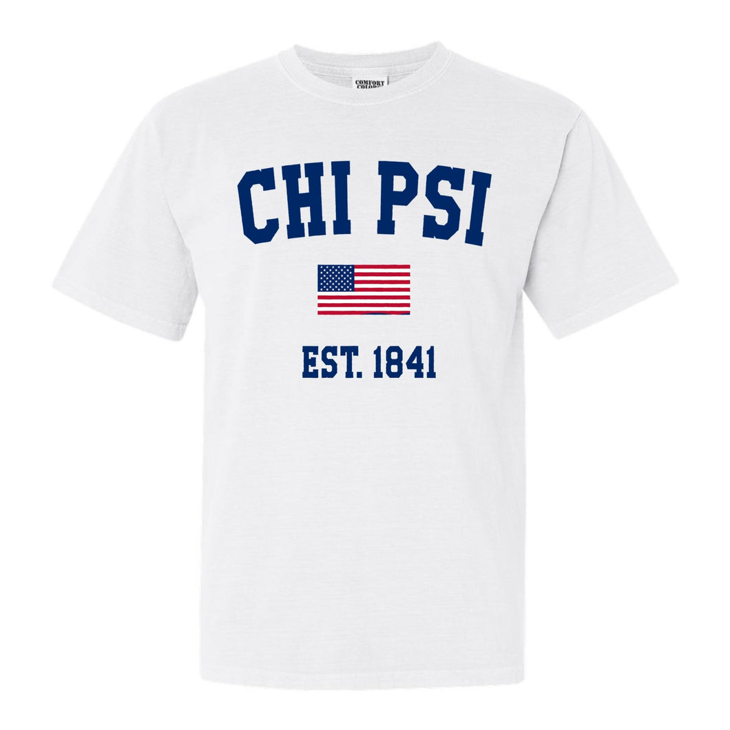 Chi Psi USA Flag Comfort Colors T-Shirt - Fraternity Tee - Kite and Crest