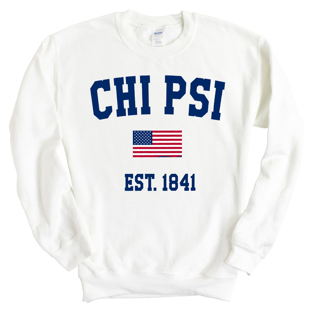 Chi Psi USA Flag Sweatshirt - Fraternity Crewneck Sweatshirt - Kite and Crest