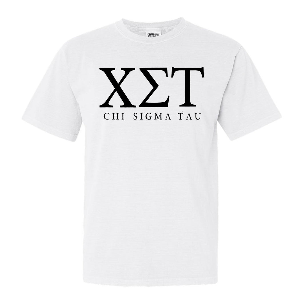 Chi Sigma Tau Block Letter Comfort Colors T-Shirt - Fraternity Tee - Kite and Crest