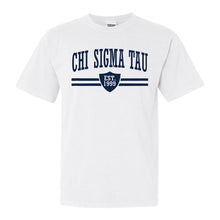 Load image into Gallery viewer, Chi Sigma Tau Striped Shield Comfort Colors T-Shirt - Fraternity Tee - Kite and Crest
