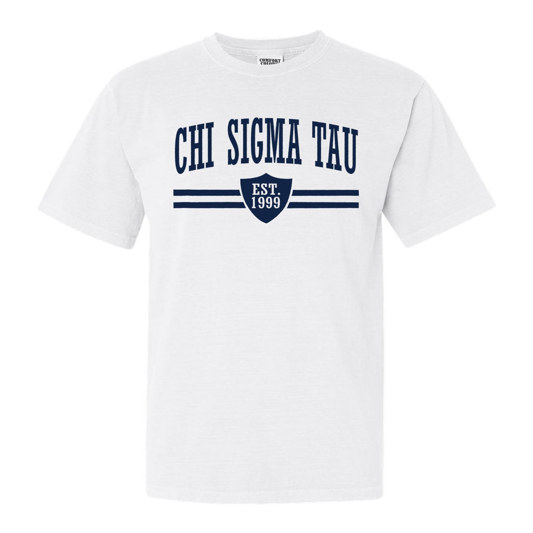 Chi Sigma Tau Striped Shield Comfort Colors T-Shirt - Fraternity Tee - Kite and Crest