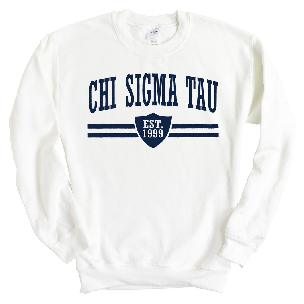 Chi Sigma Tau Striped Shield Sweatshirt - Fraternity Crewneck Sweatshirt - Kite and Crest