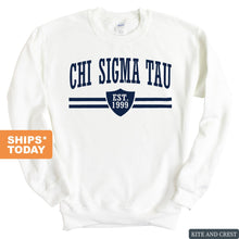 Load image into Gallery viewer, Chi Sigma Tau Striped Shield Sweatshirt - Fraternity Crewneck Sweatshirt - Kite and Crest
