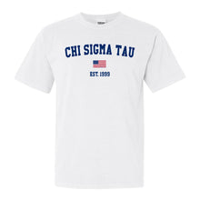 Load image into Gallery viewer, Chi Sigma Tau USA Flag Comfort Colors T-Shirt - Fraternity Tee - Kite and Crest
