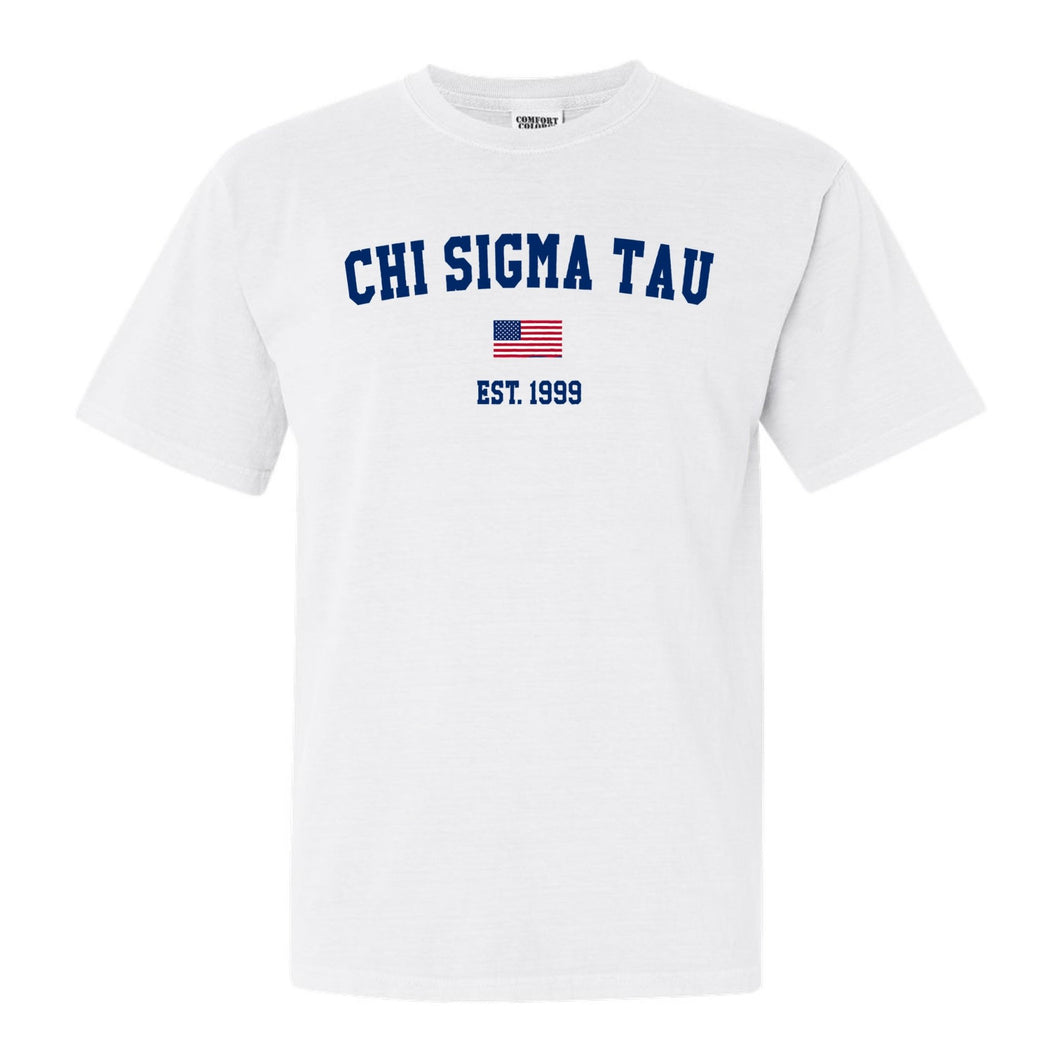 Chi Sigma Tau USA Flag Comfort Colors T-Shirt - Fraternity Tee - Kite and Crest