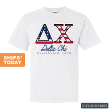 Load image into Gallery viewer, Delta Chi Comfort Colors T-Shirt - DCHI American Flag Letters Shirt - Kite and Crest
