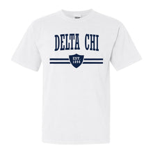 Load image into Gallery viewer, Delta Chi Comfort Colors T-Shirt - DCHI Striped Shield Shirt - Kite and Crest
