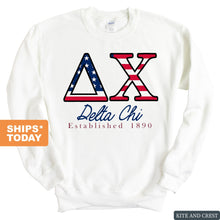 Load image into Gallery viewer, Delta Chi Sweatshirt - D-Chi American Flag Letters Crewneck Sweatshirt - Kite and Crest
