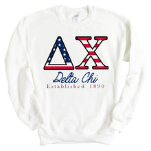 Load image into Gallery viewer, Delta Chi Sweatshirt - D-Chi American Flag Letters Crewneck Sweatshirt - Kite and Crest
