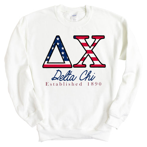 Delta Chi Sweatshirt - D-Chi American Flag Letters Crewneck Sweatshirt - Kite and Crest