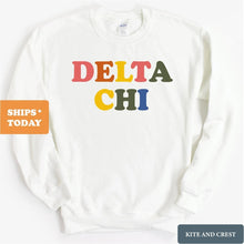 Load image into Gallery viewer, Delta Chi Sweatshirt - D-Chi Retro Letters Crewneck Sweatshirt - Kite and Crest
