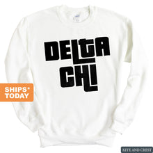 Load image into Gallery viewer, Delta Chi Sweatshirt - D-Chi Stacked Letters Crewneck Sweatshirt - Kite and Crest
