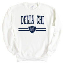 Load image into Gallery viewer, Delta Chi Sweatshirt - D-Chi Striped Shield Crewneck Sweatshirt - Kite and Crest
