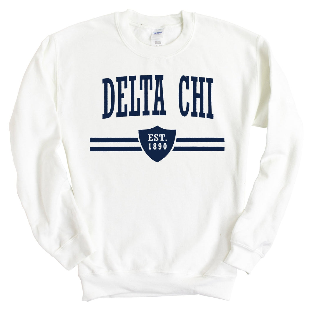 Delta Chi Sweatshirt - D-Chi Striped Shield Crewneck Sweatshirt - Kite and Crest