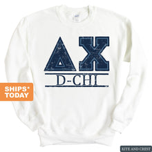 Load image into Gallery viewer, Delta Chi Sweatshirt - D-Chi Washed Letters Crewneck Sweatshirt - Kite and Crest
