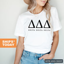 Load image into Gallery viewer, Delta Delta Delta Block Letter Sorority T-Shirt - Kite and Crest
