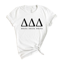 Load image into Gallery viewer, Delta Delta Delta Block Letter Sorority T-Shirt - Kite and Crest
