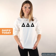 Load image into Gallery viewer, Delta Delta Delta Sweatshirt | Tri Delta Basic Black Letters Crewneck Sweatshirt | Delta Delta Delta Sorority Gift Idea - Kite and Crest
