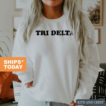 Load image into Gallery viewer, Delta Delta Delta Sweatshirt - Tri Delta Block Name Crewneck Sweatshirt - Kite and Crest
