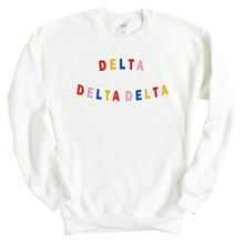 Load image into Gallery viewer, Delta Delta Delta Sweatshirt | Tri Delta Circular Colorful Crewneck Sweatshirt | Delta Delta Delta Sorority Gift Idea - Kite and Crest
