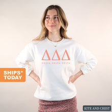 Load image into Gallery viewer, Delta Delta Delta Sweatshirt | Tri Delta Colored Block Letters Crewneck Sweatshirt | Delta Delta Delta Sorority Gift Idea - Kite and Crest
