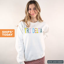 Load image into Gallery viewer, Delta Delta Delta Sweatshirt - Tri Delta Colorful Lined Crewneck Sweatshirt - Kite and Crest
