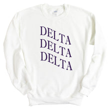 Load image into Gallery viewer, Delta Delta Delta Sweatshirt | Tri Delta Large and Wavy Letters Crewneck Sweatshirt | Delta Delta Delta Sorority Gift Idea - Kite and Crest
