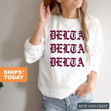 Load image into Gallery viewer, Delta Delta Delta Sweatshirt | Tri Delta Old Type Written Crewneck Sweatshirt | Delta Delta Delta Sorority Gift Idea - Kite and Crest
