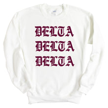 Load image into Gallery viewer, Delta Delta Delta Sweatshirt | Tri Delta Old Type Written Crewneck Sweatshirt | Delta Delta Delta Sorority Gift Idea - Kite and Crest
