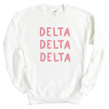 Load image into Gallery viewer, Delta Delta Delta Sweatshirt | Tri Delta Pink Bubble Letters Crewneck Sweatshirt | Delta Delta Delta Sorority Gift Idea - Kite and Crest
