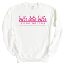 Load image into Gallery viewer, Delta Delta Delta Sweatshirt | Tri Delta Pink Established Crewneck Sweatshirt | Delta Delta Delta Sorority Gift Idea - Kite and Crest
