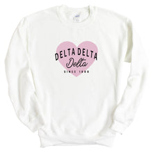 Load image into Gallery viewer, Delta Delta Delta Sweatshirt | Tri Delta Pink Heart Crewneck Sweatshirt | Delta Delta Delta Sorority Gift Idea - Kite and Crest
