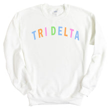 Load image into Gallery viewer, Delta Delta Delta Sweatshirt | Tri Delta Rainbow Letter Crewneck Sweatshirt | Delta Delta Delta Sorority Gift Idea - Kite and Crest
