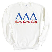 Load image into Gallery viewer, Delta Delta Delta Sweatshirt | Tri Delta Red and Blue Crewneck Sweatshirt | Delta Delta Delta Sorority Gift Idea - Kite and Crest
