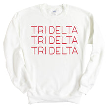 Load image into Gallery viewer, Delta Delta Delta Sweatshirt | Tri Delta Red and Stacked Crewneck Sweatshirt | Delta Delta Delta Sorority Gift Idea - Kite and Crest
