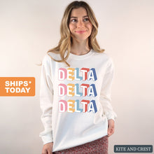 Load image into Gallery viewer, Delta Delta Delta Sweatshirt | Tri Delta Retro Crewneck Sweatshirt | Delta Delta Delta Sorority Gift Idea - Kite and Crest
