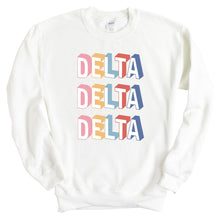 Load image into Gallery viewer, Delta Delta Delta Sweatshirt | Tri Delta Retro Crewneck Sweatshirt | Delta Delta Delta Sorority Gift Idea - Kite and Crest
