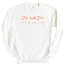 Load image into Gallery viewer, Delta Delta Delta Sweatshirt | Tri Delta White Script Letter Crewneck Sweatshirt | Delta Delta Delta Sorority Gift Idea - Kite and Crest
