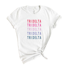 Load image into Gallery viewer, Delta Delta Delta T-shirt - Tri Delta Bright and Stacked Tee - Kite and Crest
