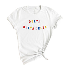 Load image into Gallery viewer, Delta Delta Delta T-Shirt | Tri Delta Circular Colorful Shirt | Delta Delta Delta Sorority Gift Idea - Kite and Crest

